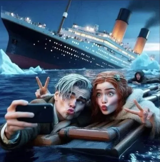 O meme retrata a cena do filme Titanic que é baseado em fatos reais com a legenda: “Se isso acontecesse hoje”, que traz a reflexão que nas redes sociais as pessoas buscam aparecer de toda forma, seja muitas vezes com a própria desgraça ou com as dos outr