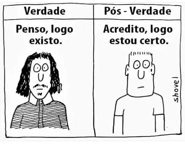 A tirinha usa o enunciado “Penso, logo existo”, do filósofo e matemático francês René Descartes, para ironizar o conceito de pós verdade. (Shovel/ Curso 'Vaza, Falsiane'/Reprodução)